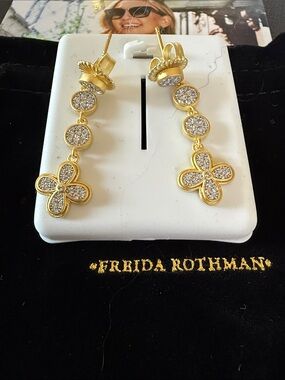 Freida Rothman Sterling Silver Gold Pave Flower Drop Earrings FR Stamped 925